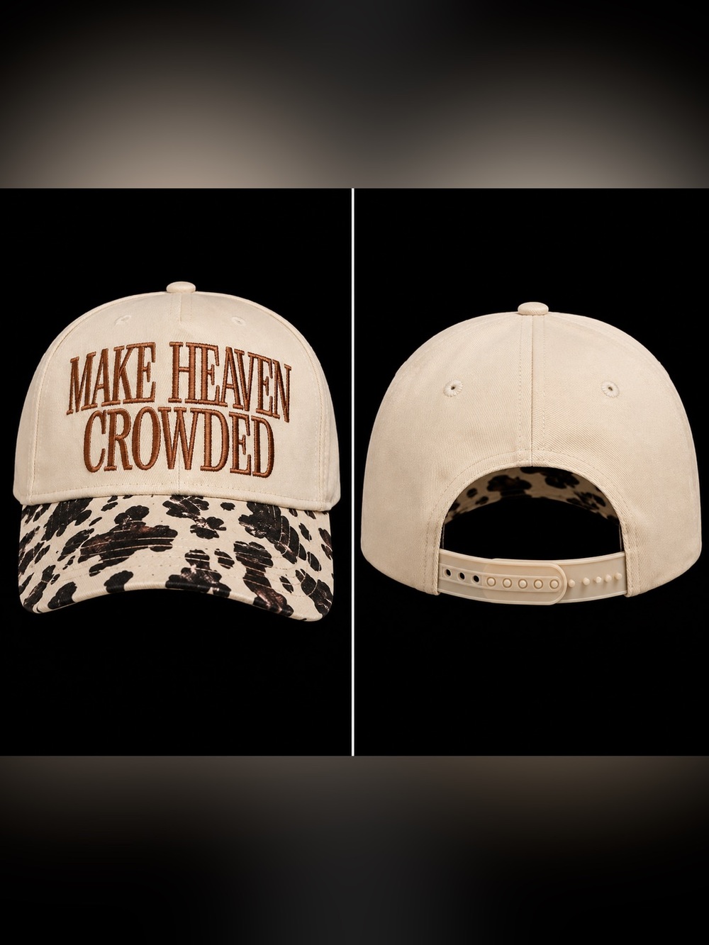 🆕 Make Heaven Crowded Cow Print Trucker Hat Cream Christian Snapback - Picture 2 of 2